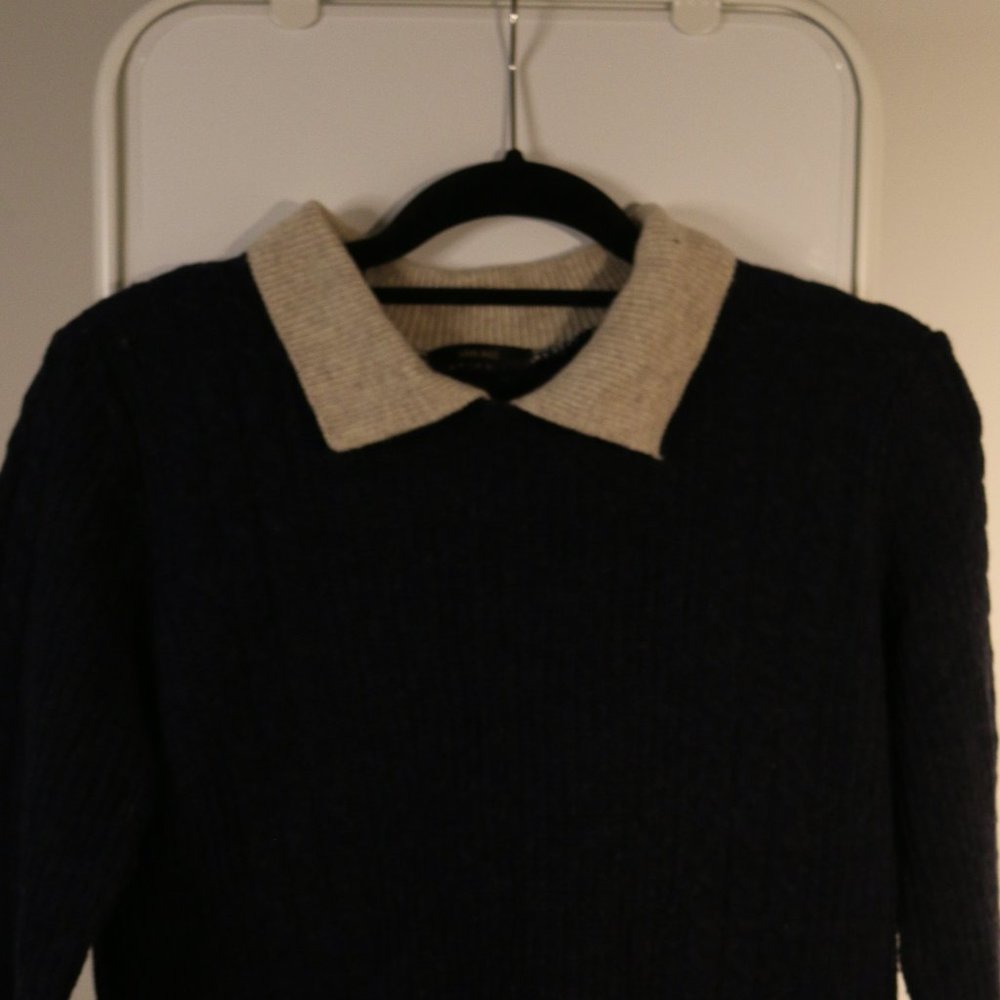 Navy Knit Sweater with Beige Accents
